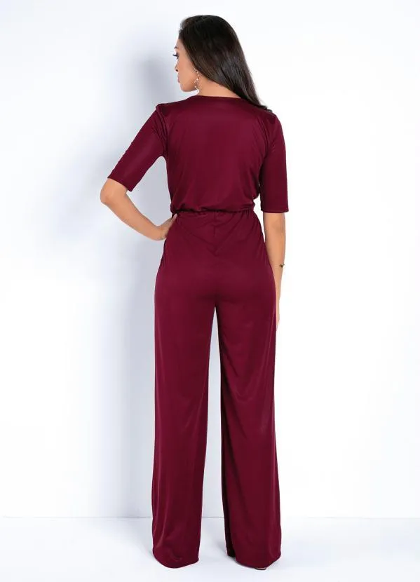 Moda Pop - Macacão Bordô Pantalona com Fivela na Cintura 2