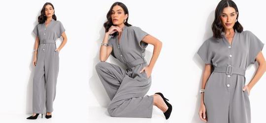 Macac�o Cinza em Crepe Plano