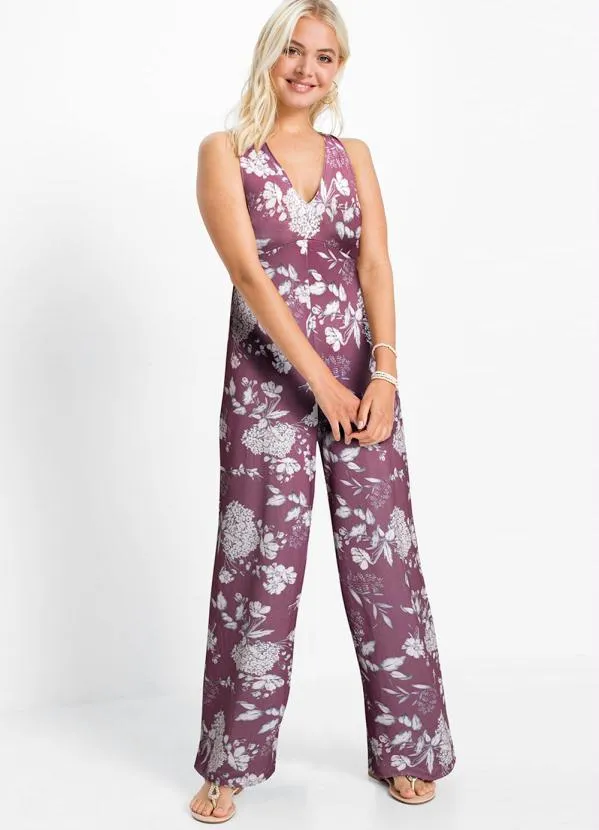 Queima Estoque - Macacão com Amarração no Decote Floral Roxo 2