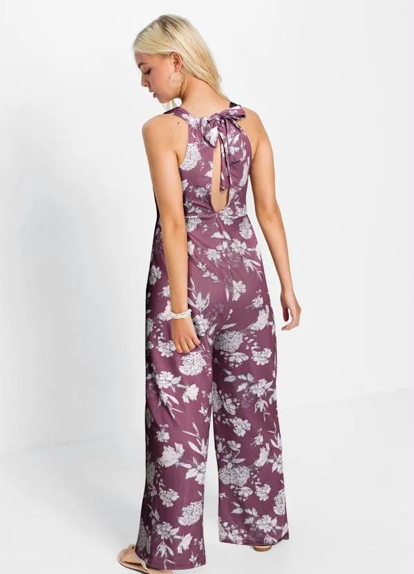 Queima Estoque - Macacão com Amarração no Decote Floral Roxo 3