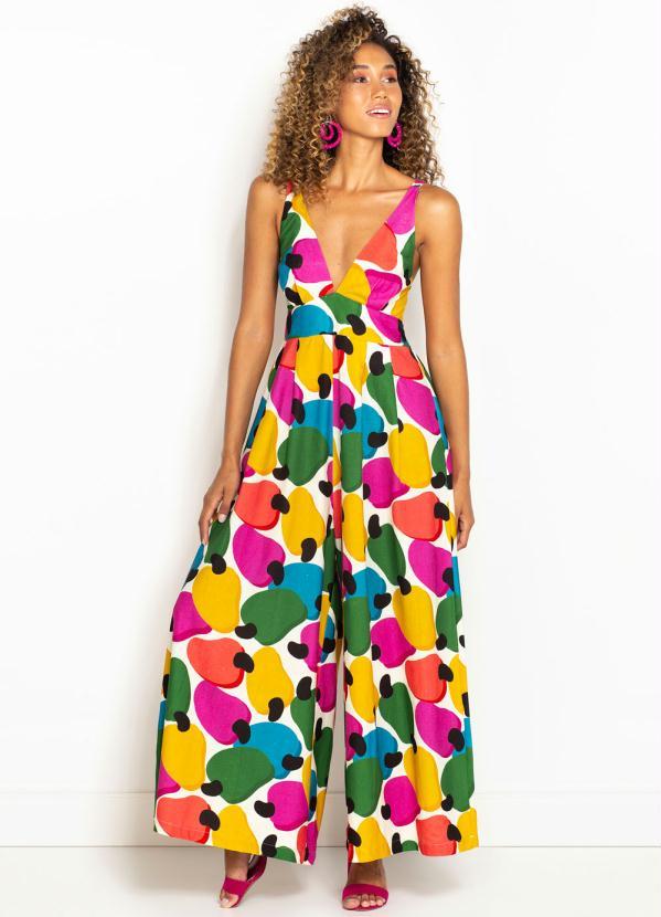 Farm - Macacão Cropped de Linho Confete de Caju Estampado