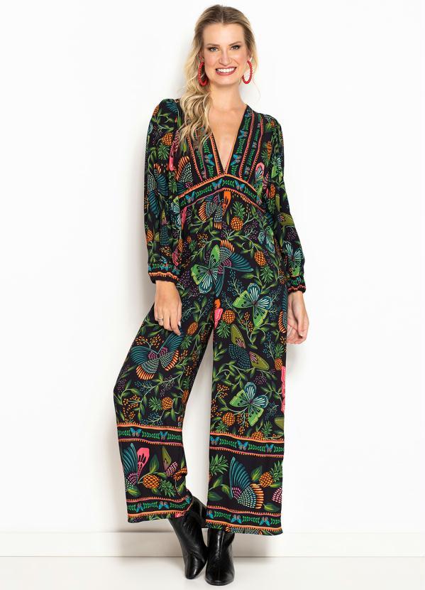 Farm - Macacão de Viscose Borboletário Preto