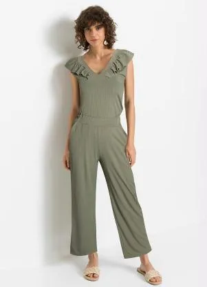 Queima Estoque - Macacão Decote V com Babado Verde Oliva - QUEIMA ESTOQUE