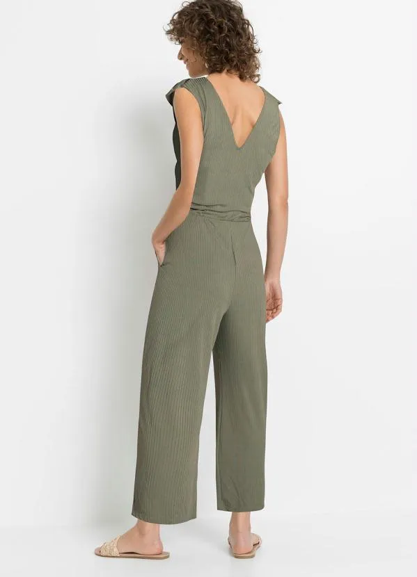 Queima Estoque - Macacão Decote V com Babado Verde Oliva 4