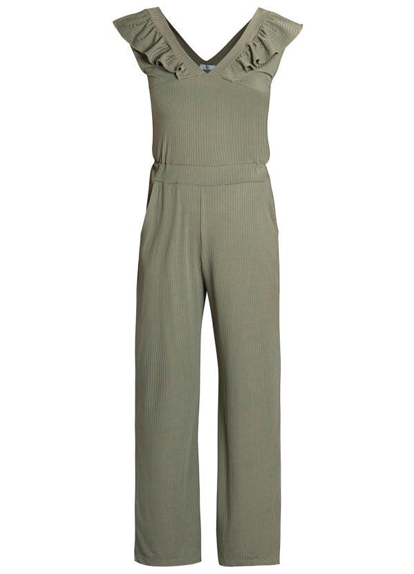 Outlet - Macacão Decote V com Babado Verde Oliva 1