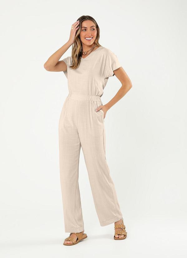 Cativa - Macacão Decote V em Viscose Bege