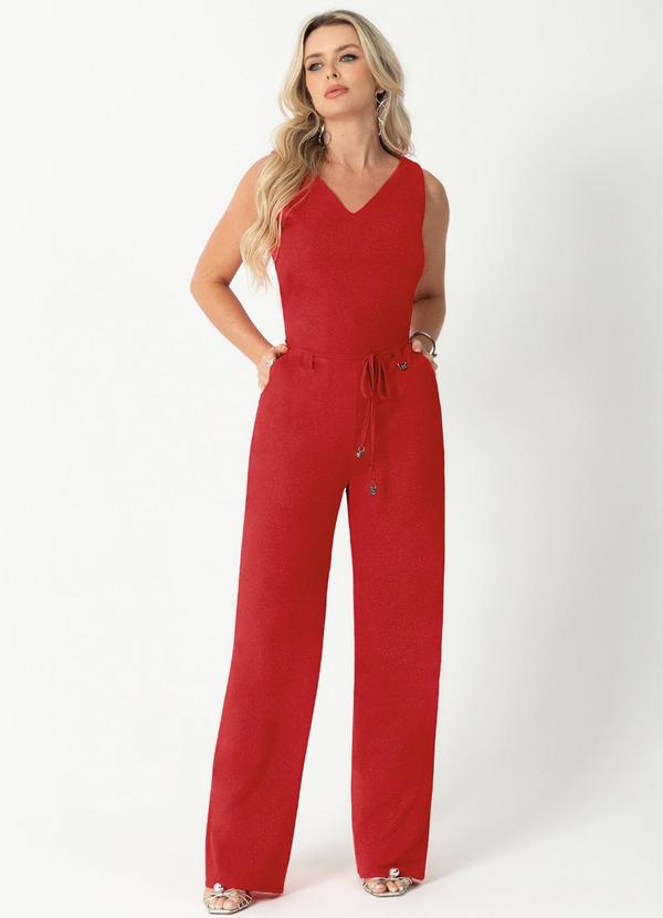 Gris - Macacão Feminino com Decote em V Vermelho