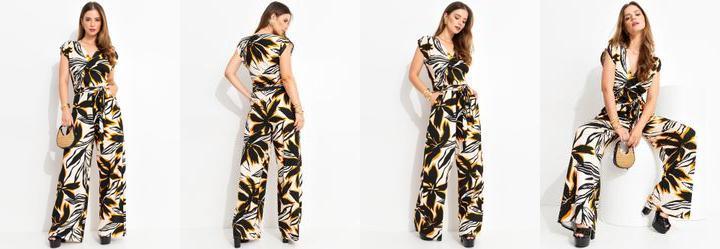 Macaco Floral Bege em Malha de Viscose