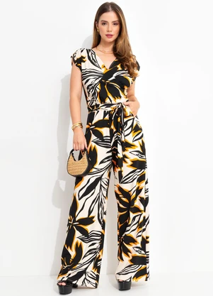 Quintess - Macacão Floral Bege em Malha de Viscose - QUINTESS