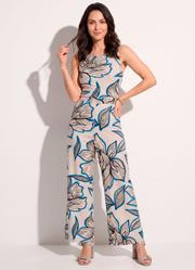 Macac�o Floral Bege em Malha de Viscose