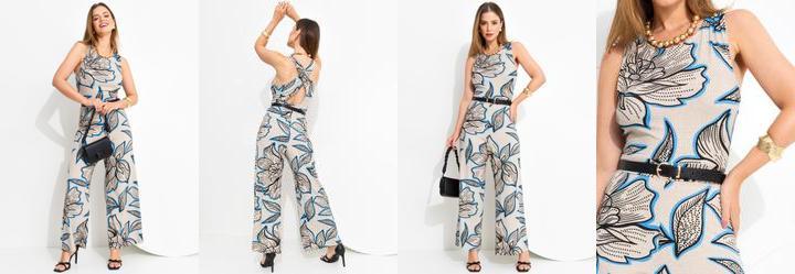 Macaco Floral Bege em Malha de Viscose