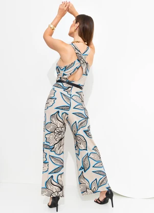 Quintess - Macacão Floral Bege em Malha de Viscose - QUINTESS