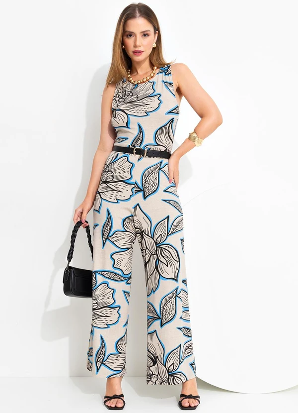 Quintess - Macacão Floral Bege em Malha de Viscose 3