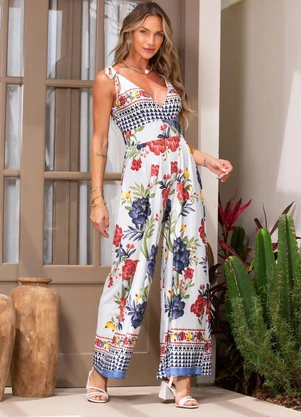 Quintess - Macacão Floral Étnico Alças para Amarrar - QUINTESS