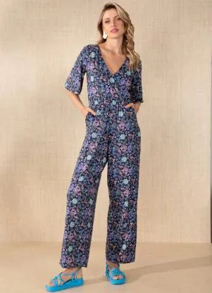 Quintess - Macacão Floral Marinho com Bolsos Funcionais - QUINTESS