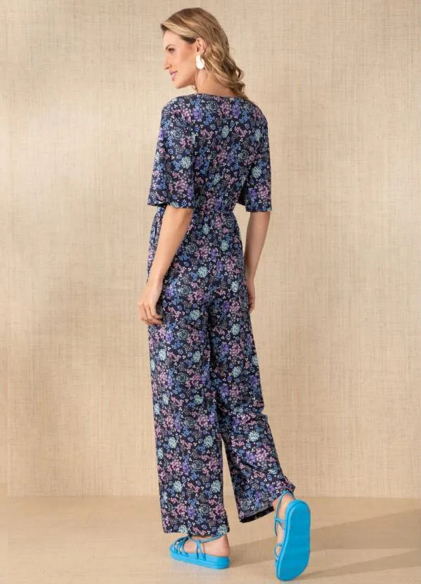 Quintess - Macacão Floral Marinho com Bolsos Funcionais 2