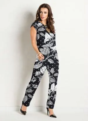 Moda Pop - Macacão Floral Preta Costas Gota e Amarração - MODA POP