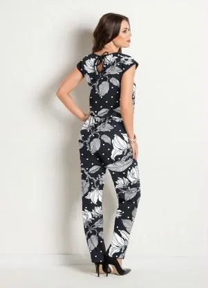 Moda Pop - Macacão Floral Preta Costas Gota e Amarração - MODA POP