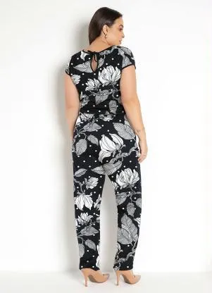 Moda Pop - Macacão Floral Preta Costas Gota e Amarração - MODA POP