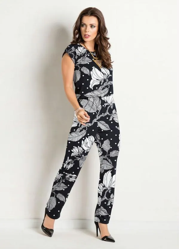 Moda Pop - Macacão Floral Preta Costas Gota e Amarração