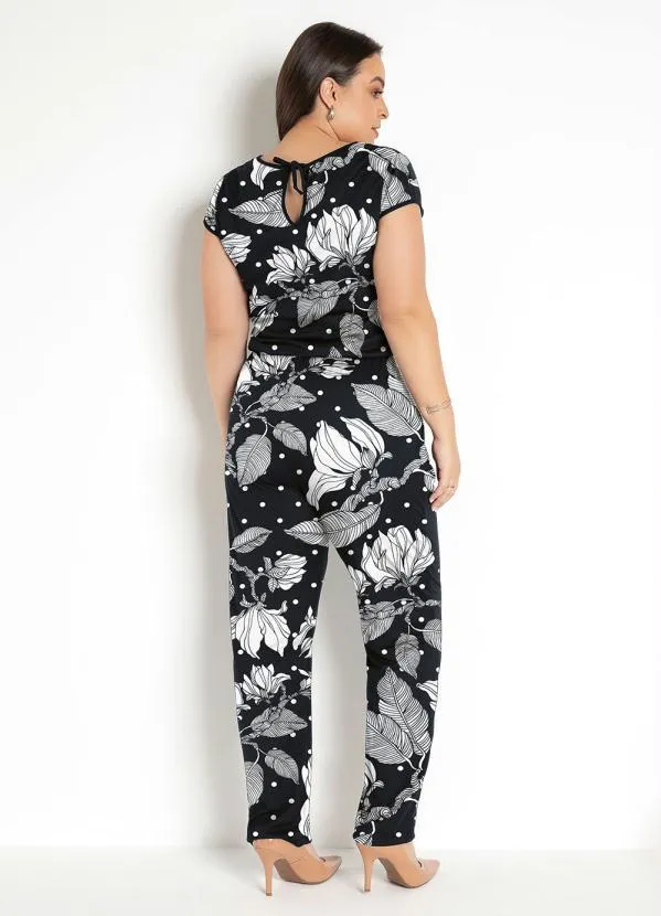 Moda Pop - Macacão Floral Preta Costas Gota e Amarração 4