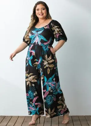 Quintess - Macacão Floral Preto Decote Quadrado e Bolsos - QUINTESS