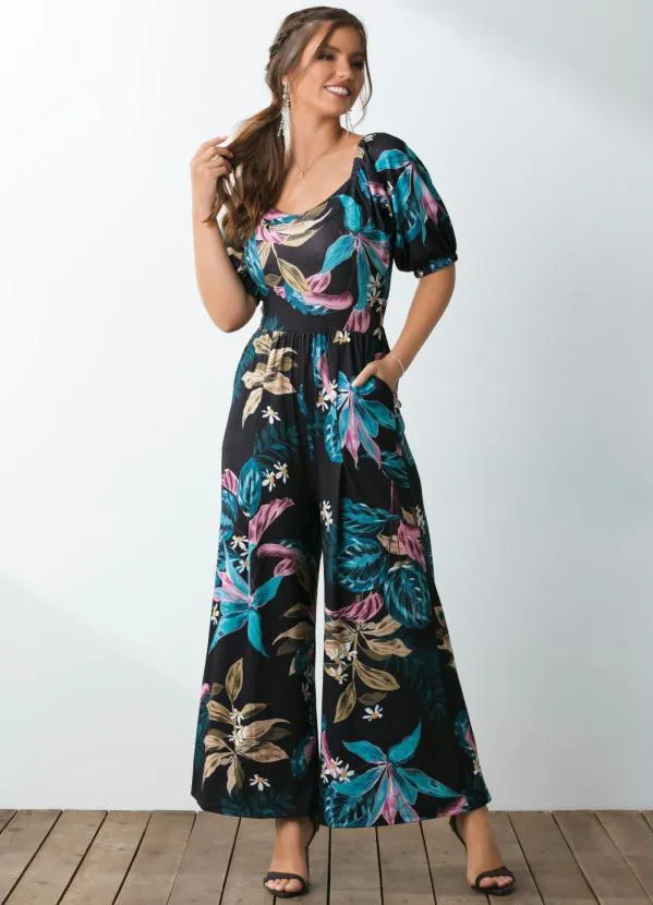 Quintess - Macacão Floral Preto Decote Quadrado e Bolsos