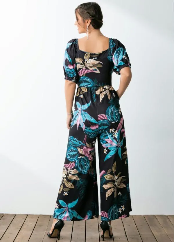 Quintess - Macacão Floral Preto Decote Quadrado e Bolsos 2