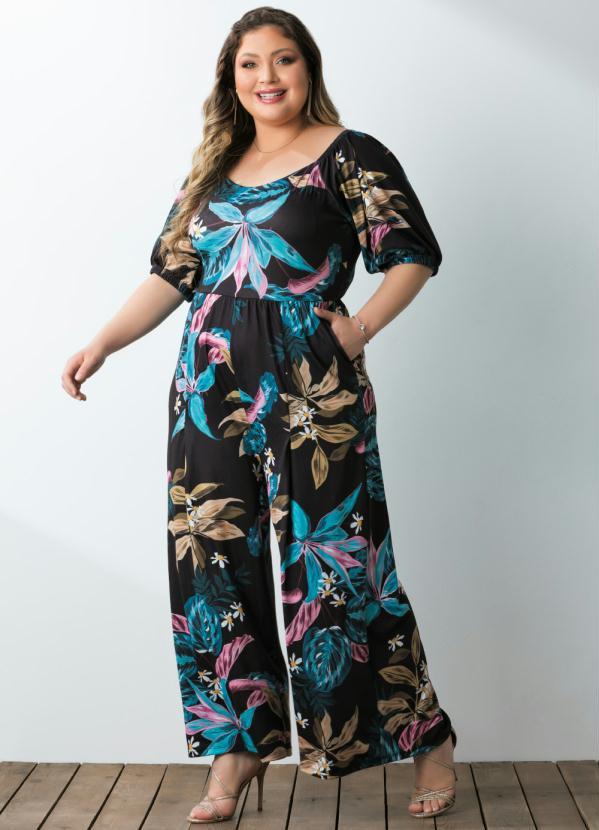 Quintess - Macacão Floral Preto Decote Quadrado e Bolsos 4