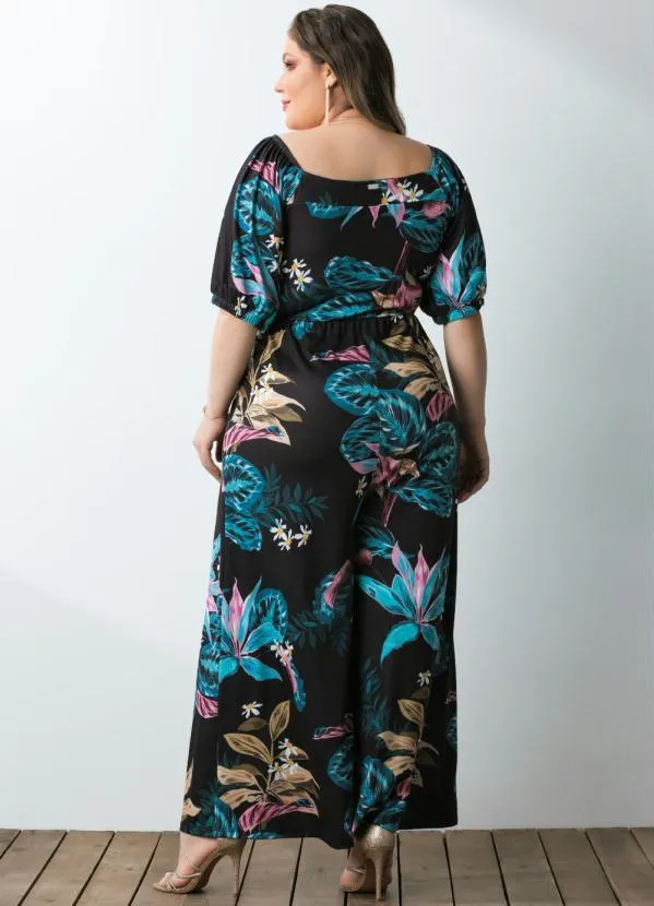 Quintess - Macacão Floral Preto Decote Quadrado e Bolsos 5