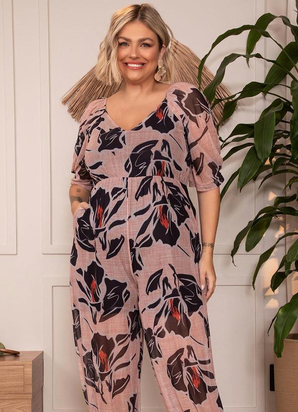 Quintess - Macacão Floral Preto Decote V com Bolsos 4