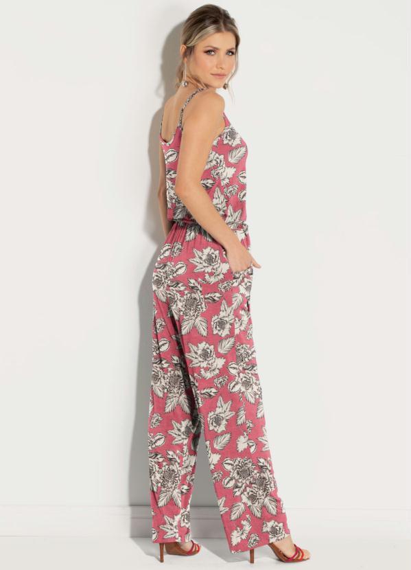 Quintess - Macacão Floral Rosa com Alcinhas e Faixa 2