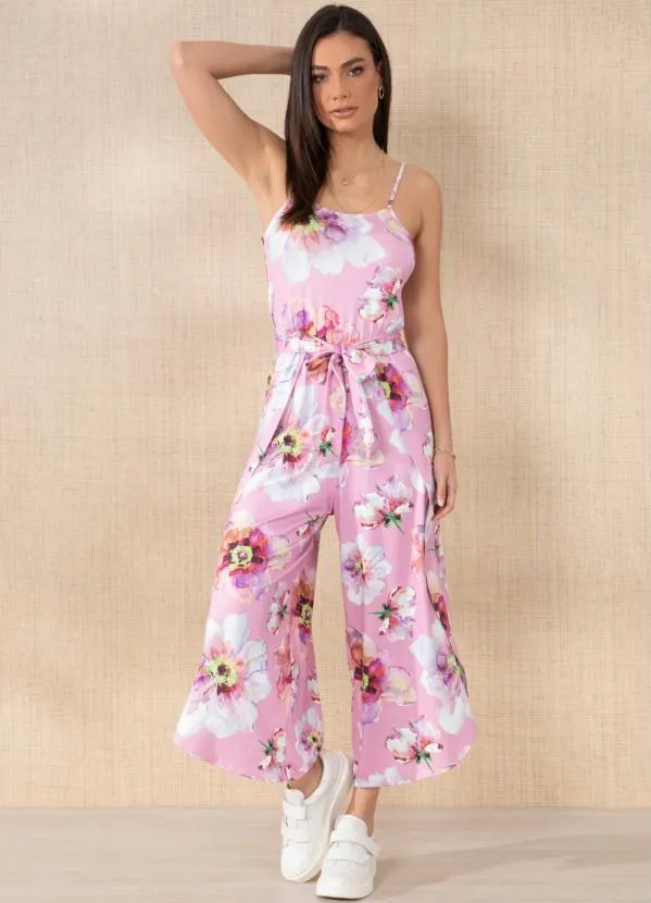 Quintess Macacão Floral Rosa com Transpasse na Perna
