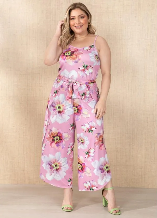 Quintess - Macacão Floral Rosa com Transpasse na Perna