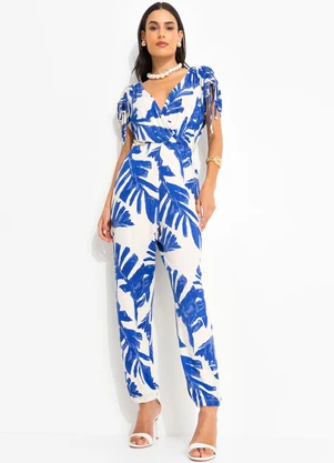 Quintess - Macacão Folhagem Azul em Malha de Viscose - QUINTESS