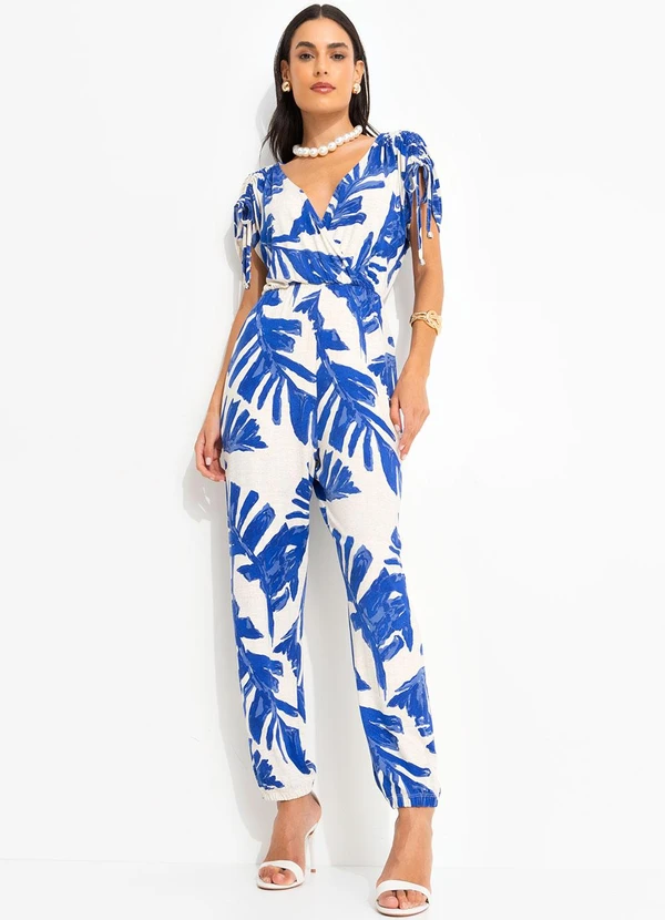 Quintess - Macacão Folhagem Azul em Malha de Viscose