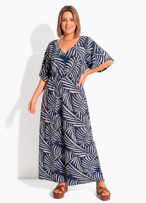 Quintess - Macacão Folhagem Azul em Malha de Viscose - QUINTESS