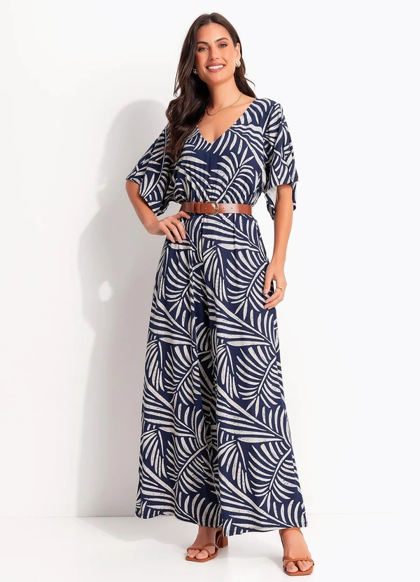 Quintess - Macacão Folhagem Azul em Malha de Viscose