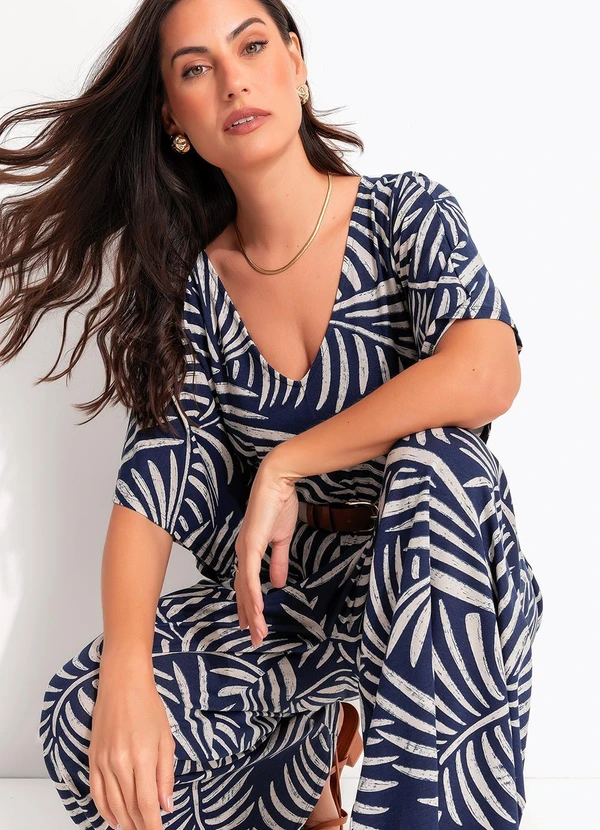 Quintess - Macacão Folhagem Azul em Malha de Viscose