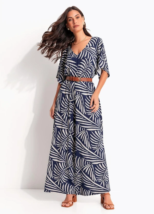 Quintess - Macacão Folhagem Azul em Malha de Viscose 7