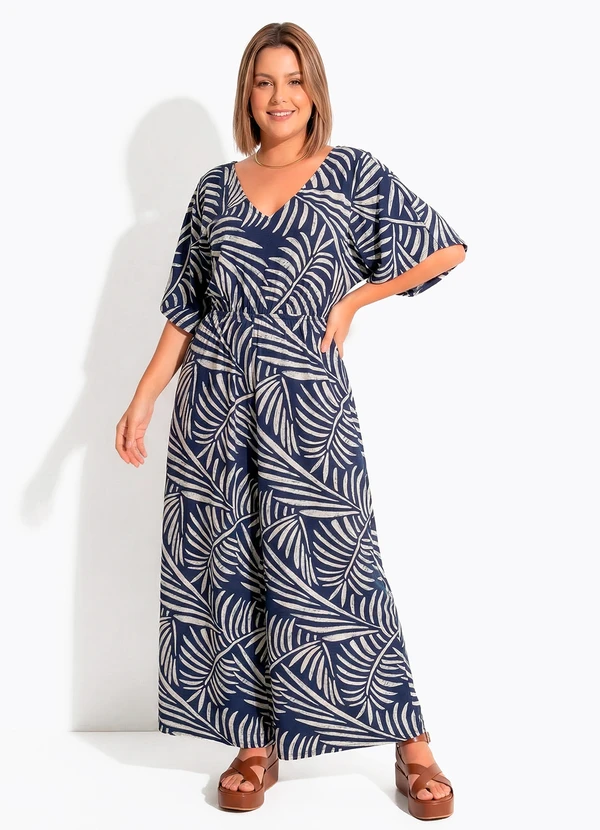 Quintess - Macacão Folhagem Azul em Malha de Viscose 9