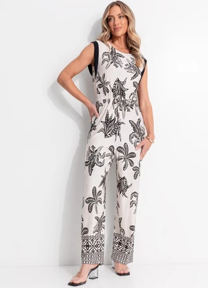 Quintess - Macacão Longo Estampa Folhagem em Malha de Viscose com Ajuste na Cintura - QUINTESS