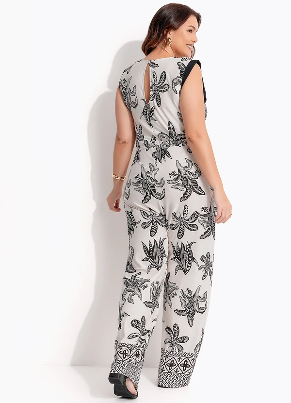 Quintess - Macacão Longo Estampa Folhagem em Malha de Viscose com Ajuste na Cintura 3