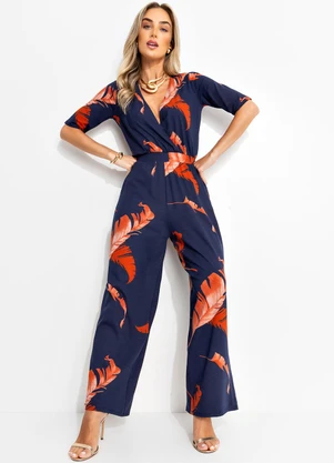 Quintess - Macacão Folhagem Marinho em Malha de Viscose - QUINTESS