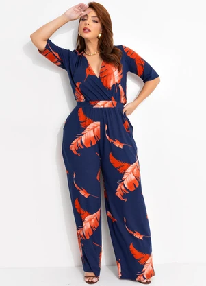 Quintess - Macacão Folhagem Marinho em Malha de Viscose - QUINTESS