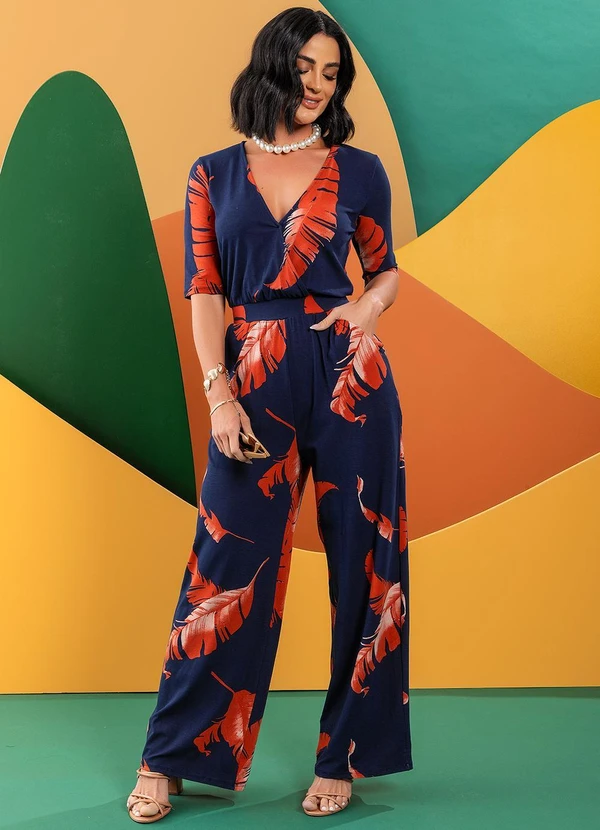 Quintess - Macacão Folhagem Marinho em Malha de Viscose 4