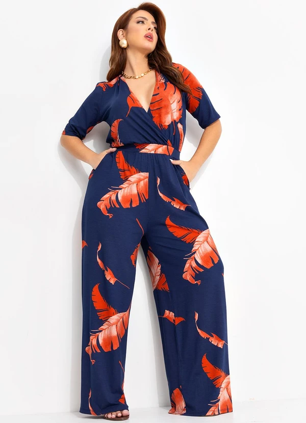 Quintess - Macacão Folhagem Marinho em Malha de Viscose 9