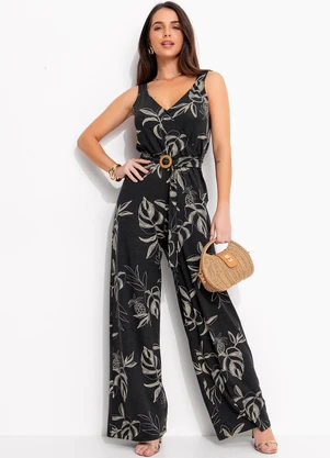 Quintess - Macacão Folhagem Marinho em Malha de Viscose - QUINTESS