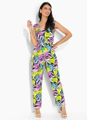 Moda Pop - Macacão Folhagem Verde com Decote V e Amarração - MODA POP