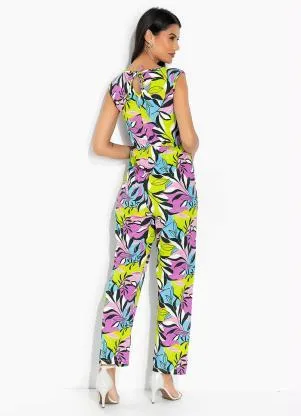 Moda Pop - Macacão Folhagem Verde com Decote V e Amarração - MODA POP
